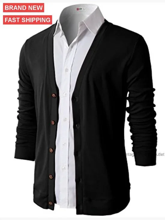 Men's Slim Fit V-Neck Cardigan, Cotton Blend, Long Sleeve Button Down - Picture 4 of 7
